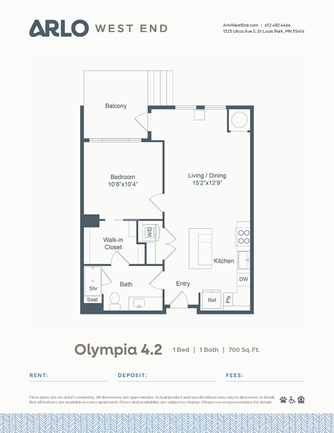 Floor plan for 1 bed, 1 bath, 700 sqft